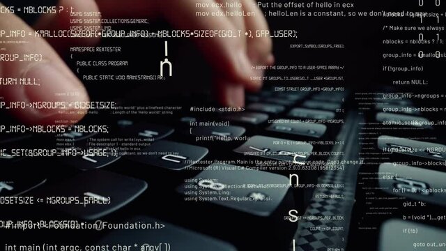 Creative visual of computer programming coding and software development shown by man working on computer keyboard with overlay of computer graphic displaying abstract program codes and computer script