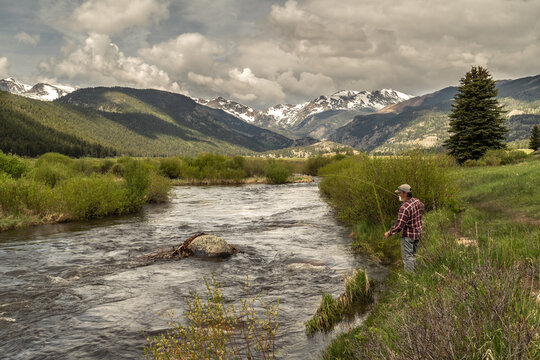 A person, mature, Caucasian, fly fishing on a river with view of snow covered mountains and dramatic cloudy sky for background, Big Thompson River, Rocky Mountain National Park, Colorado