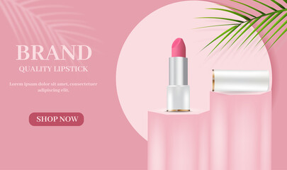 Advertising display of lipstick cosmetics with a geometric podium