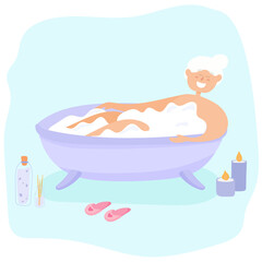 Naklejka premium Happy old woman taking a bath. Grandma takes care of herself.