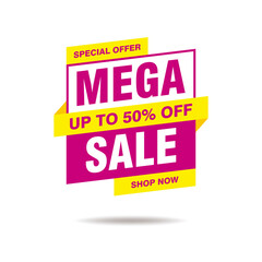 Simple Flat Mega Sale Banner with Purple and Yellow Color Isolated on White Background Design, Mega Sale Element Template Vector for Advertising, Social Media, Web Banner