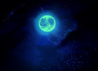 Illustration of full moon and stars in creepy night sky	