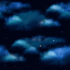 Illustration of cloudscape and stars in the night sky	