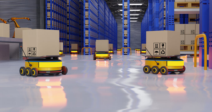 Concept industry 4.0 robotic Artificial Intelligence,Autonomous Robot AGV (Automated guided vehicle),warehouse logistic,smart Automated delivery vehicle shipping,robot carrier carrying cardboard box