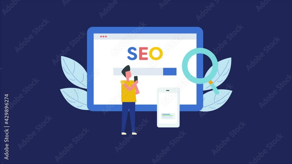 Poster seo. businessman using search engine, browsing internet with smartphone concept. animation 4k video.