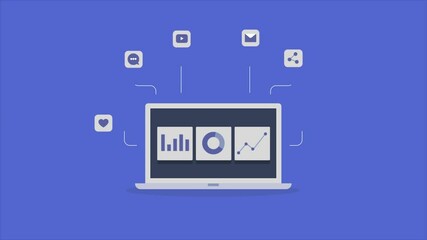 Social media marketing software displaying data on laptop screen, social media analytics tool, information, graph, chart concept. Animation 4k video.