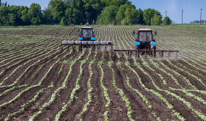 field work in agriculture. farmer's tractor harrows the field after planting seeds. tractor and seeder planting crops on a field.