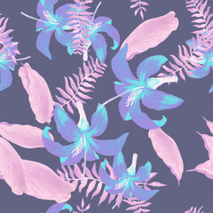 Fototapeta na wymiar Violet Pattern Texture. Azure Tropical Leaf. Purple Seamless Textile. Indigo Flower Design. Lavender Decoration Design. Blue Wallpaper Exotic. Flora Exotic.