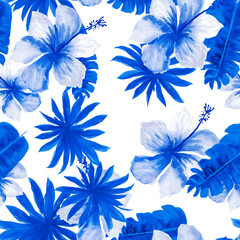 Fototapeta na wymiar Cobalt Seamless Illustration. Azure Pattern Painting. Gray Tropical Design. Navy Drawing Background. White Decoration Nature. Indigo Spring Textile. Blue Banana Leaves.