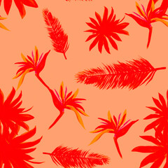 Scarlet Pattern Textile. Red Seamless Nature. Pink Tropical Art. Coral Isolated Background. Ruby Drawing Nature. Watercolor Palm. Decoration Botanical.