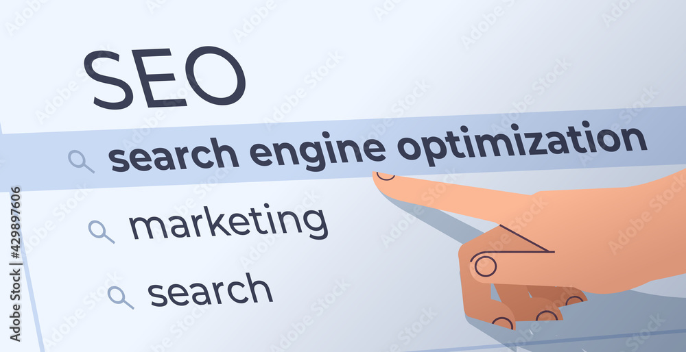 Poster human hand choosing seo in search bar on virtual screen search engine optimization internet networki