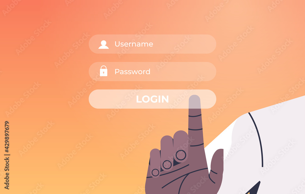 Poster human hand pressing login button on virtual screen authorization internet networking concept
