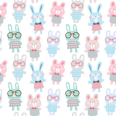 Seamless Pattern with Cartoon Rabbit Design on White Background