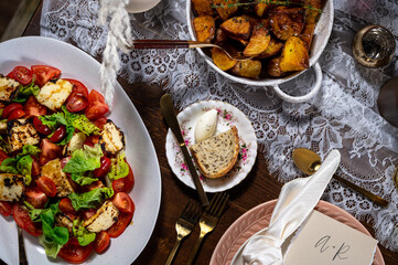 Family style dinner table with food