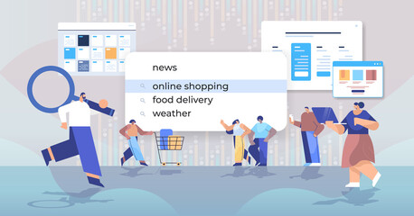 mix race people customers choosing online shopping in search bar on virtual screen internet networking concept