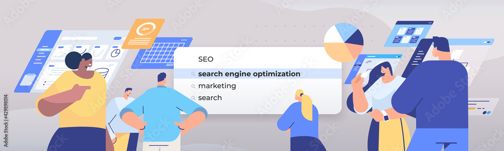 Poster mix race people choosing seo in search bar on virtual screen search engine optimization internet net