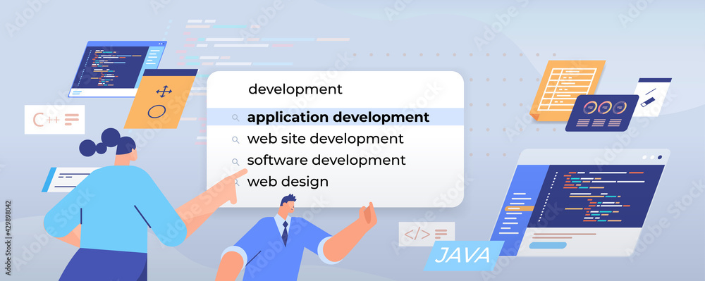 Poster businesspeople choosing application development in search bar on virtual screen web design internet 