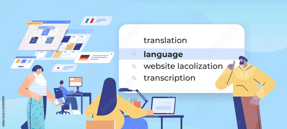 Poster mix race people choosing language in search bar on virtual screen transcription internet networking 