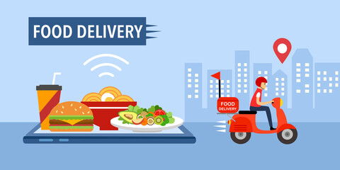 Online food delivery service vector. Fast food, grab food, Uber eat design template for banner, poster. Delivery man driving scooter with hamburger, salad, noodles and drink on smartphone.