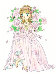 Fototapeta premium シンデレラ 童話のプリンセスとばら 手描き