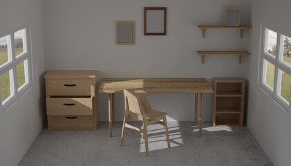3d render interior room. minimal style design. working desk. home interior design. template for website, wallpaper, and mockup.