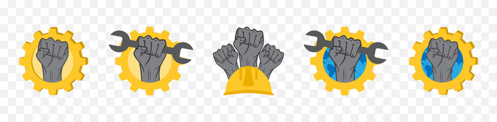 Vector icon set for Labor Day or Labour Day. Badges with industrial elements and raised hands.