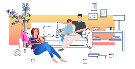 happy family relaxing on sofa parents with children spending time together online communication concept