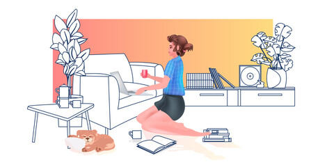 woman using laptop girl freelancer working at home online communication self isolation concept