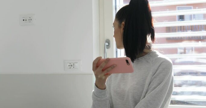 five natural movements of a girl with smartphone