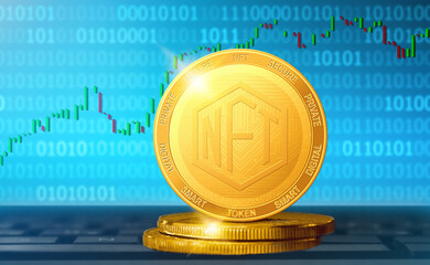 NFT Non-fungible token on the binary code background; NFT Non-fungible token cryptocurrency