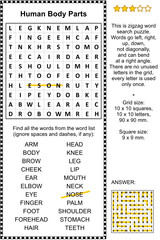 Human body parts themed zigzag word search puzzle (suitable both for kids and adults). Answer included.
