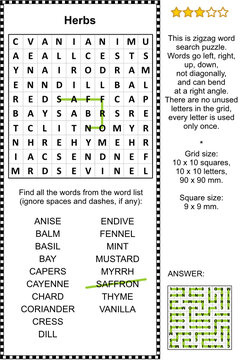 Herbs and spices zigzag word search puzzle (suitable both for kids and adults). Answer included.
