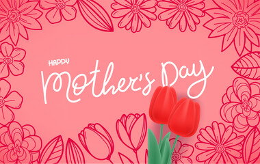 Happy mothers day greeting horizontal card with beautiful tulips