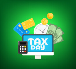 Tax day concept. 3d style cute illustration with cards, coins, calculator and banknotes