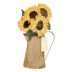 watercolor sunflower bouquet illustration with teapot vase