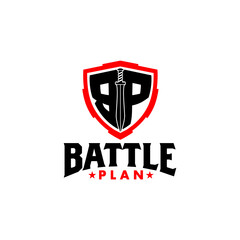 Battle plan logo concept with shield and sword in the middle