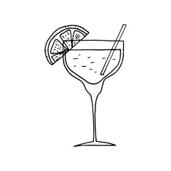 cocktail with lemon and straw icon. hand drawn doodle style. vector, minimalism, monochrome. refreshing drink, summer, lemonade, bar, menu, cafe.