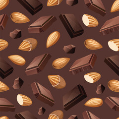 Seamless vector pattern with slices of milk and dark chocolate and almond nuts.
