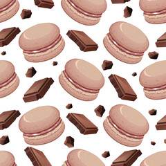 Seamless pattern with chocolate macaroni cake and chocolate slices.