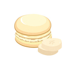 Macaroni cake with banana slices on a white background.