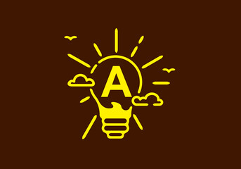 Yellow color of A initial letter in bulb shape with dark background