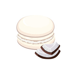 Macaroni cake with coconut slices on a white background.
