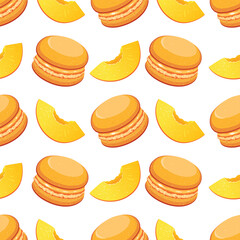 Seamless vector pattern with macaroni cake and peach slices.