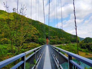 Obraz premium 日本の吊り橋、和歌山県有田川町の椿山ダムの緑の山と青空の自然風景（コピースペースあり）