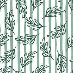 Outline seamless pattern with random doodle stylized branches print. Blue and white striped background.