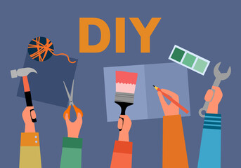 DIY creative workshop. Human hands holding creative craft items. Do it yourself concept.