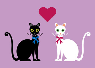 There's a heart between a black cat and a white cat