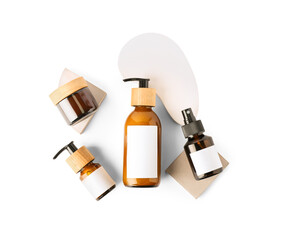 Bottles of natural hair cosmetics on white background