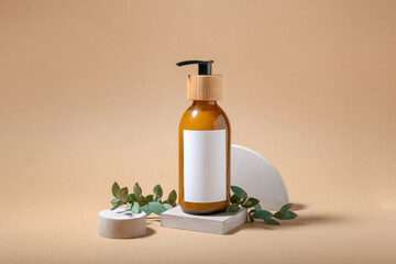 Composition with bottle of natural shampoo on color background - obrazy, fototapety, plakaty