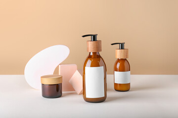 Natural hair cosmetics on color background